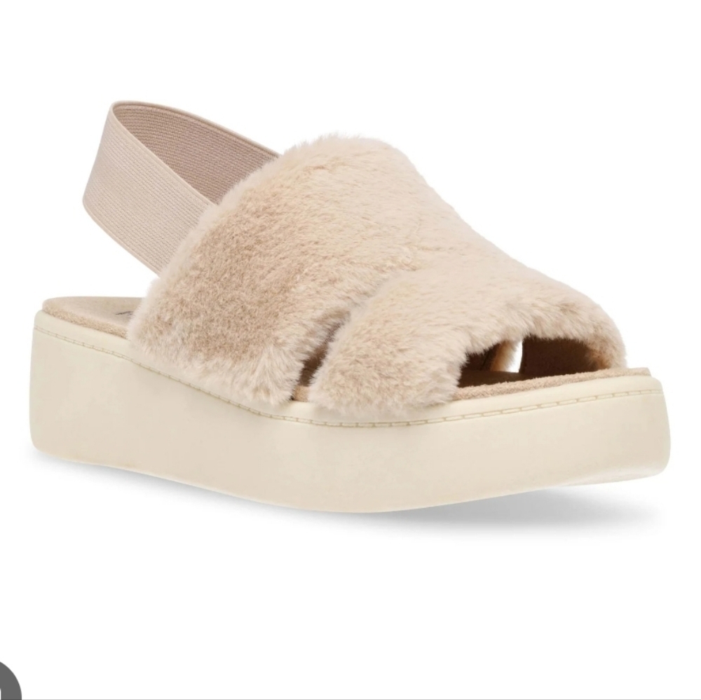Anne Klein Beige Faux Fur Platform Sandals
